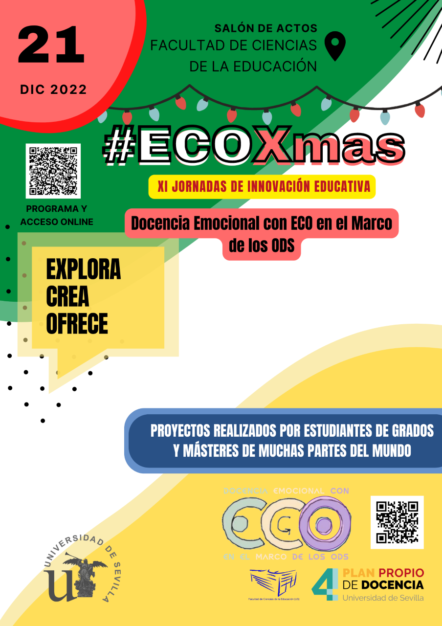 Cartel anunciador de la jornada ECOXmas, 21 de diciembre de 2022 a las 8:30 horas en la Facultad de Educación de la US