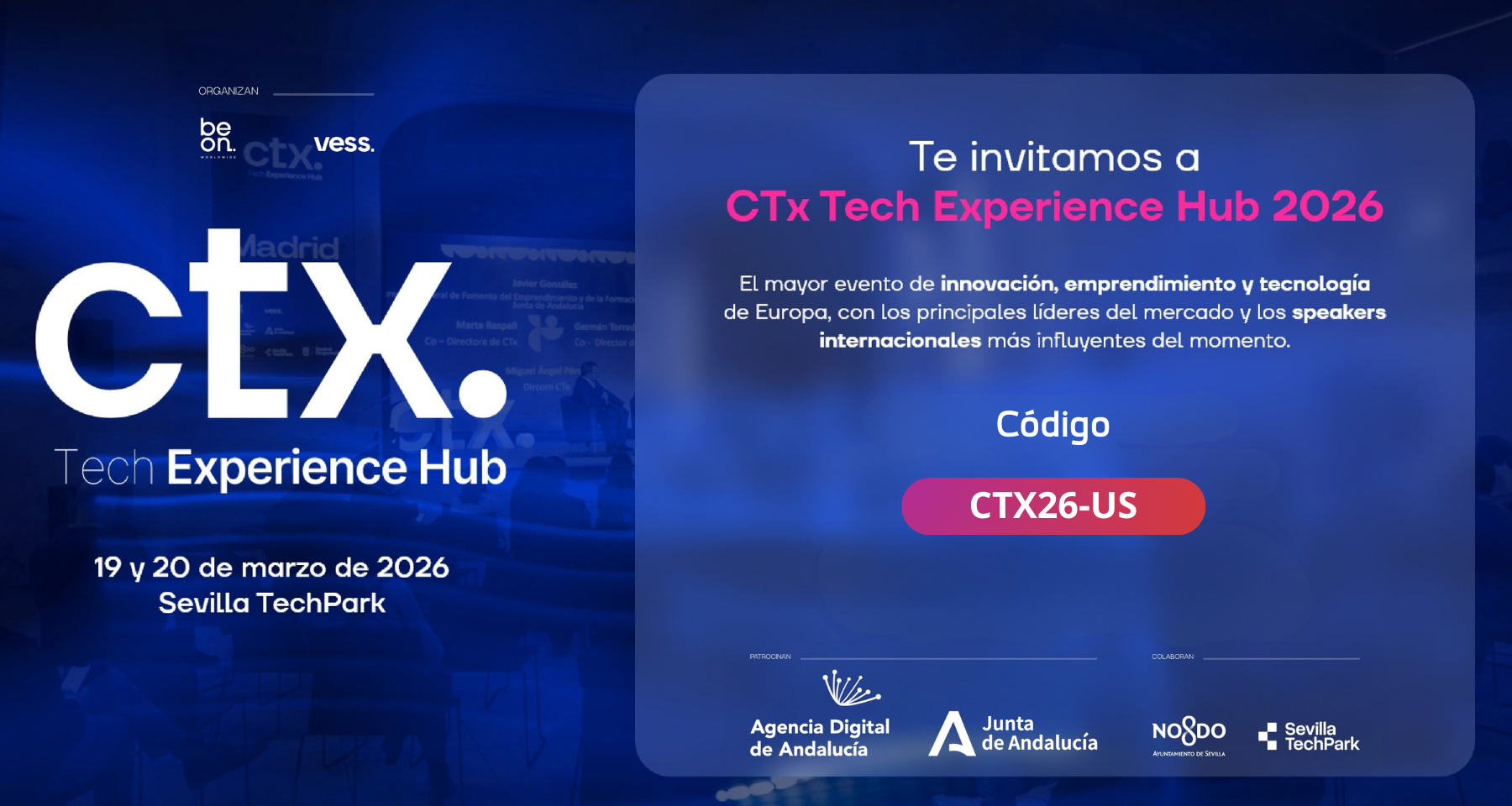 cartel del evento con código de descuento