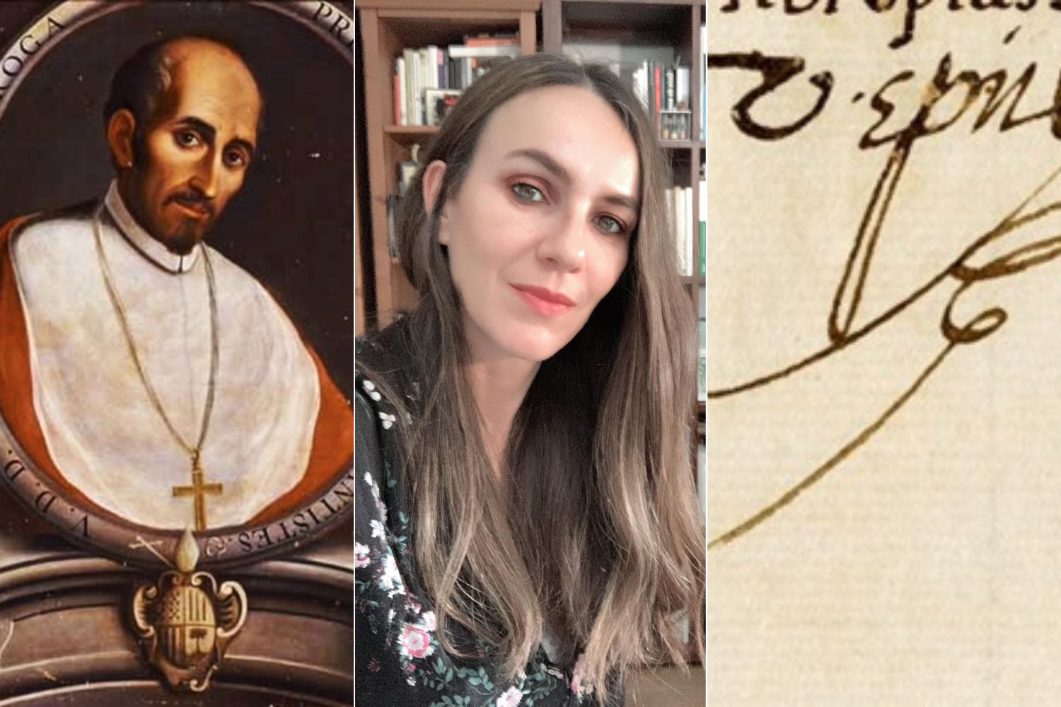 Montaje con lienzo y firma de Vasco de Quiroga y la profesor Delgado